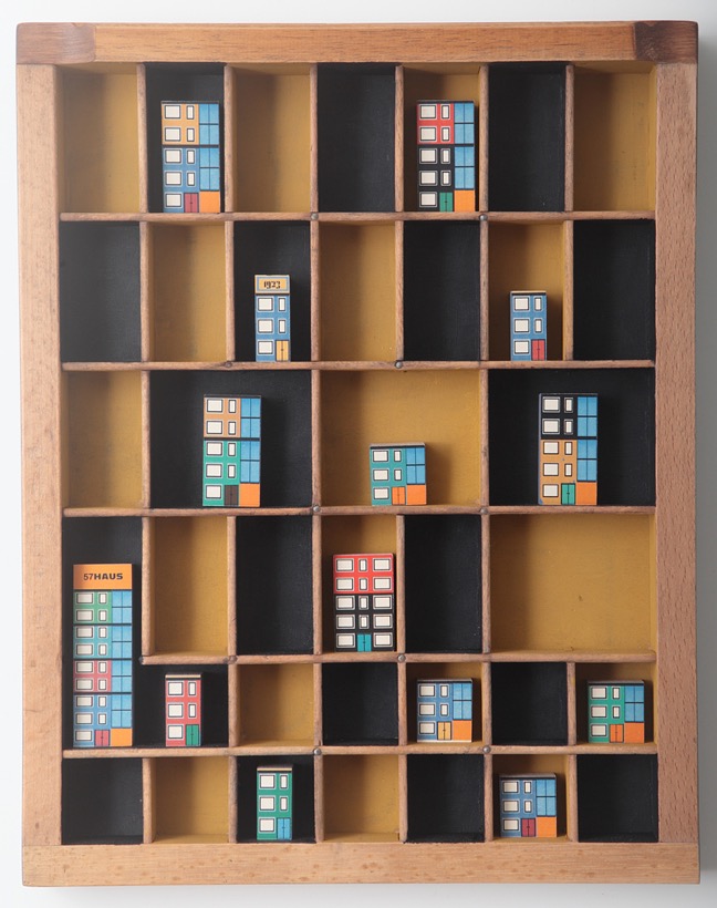 Bauhaus inspired artwork in old letterpress printers type case tray drawer