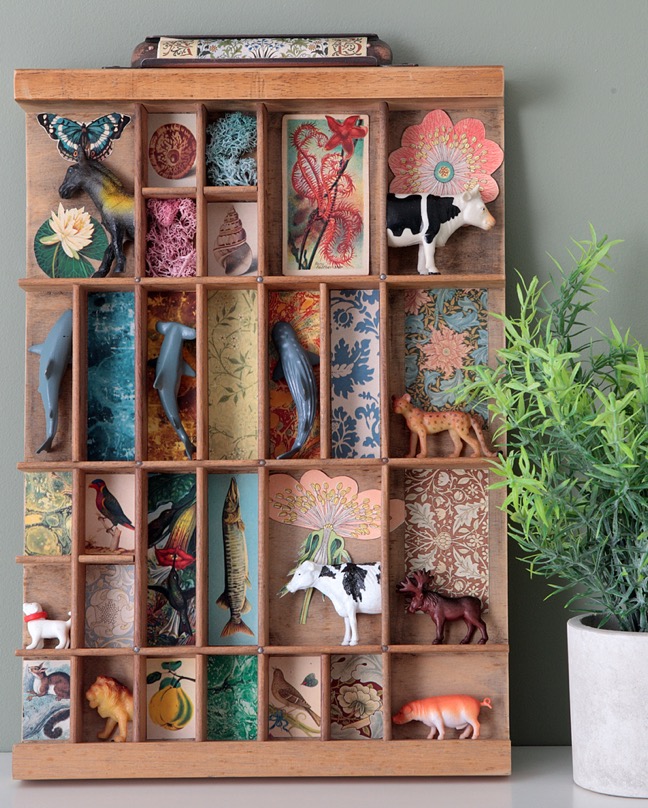 Great Cabinet of Nature Themed Curios in an old Antique Letterpress Type Case Printers Drawer Display Case