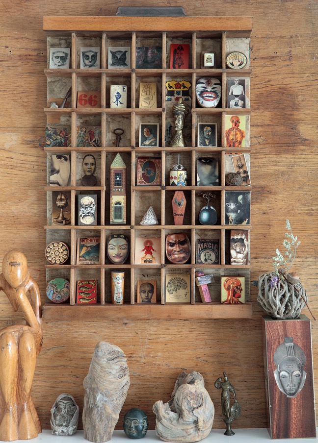 gothic quirky supernatural & spooky collection of little items in old printers tray drawer type case