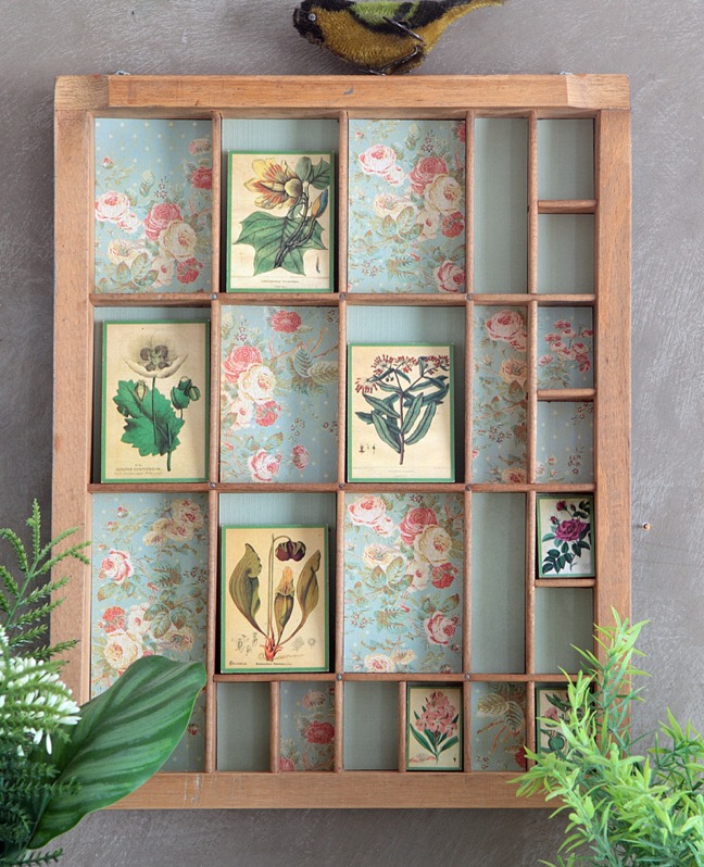 Lovely original floral themed wall art piece in an old up cycled printers tray drawer type case