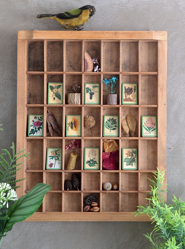 Lovely original floral themed wall art piece in an old up cycled printers tray drawer type case