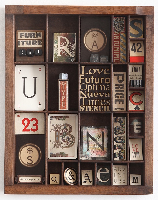 quirky typography themed artwork in old printers tray