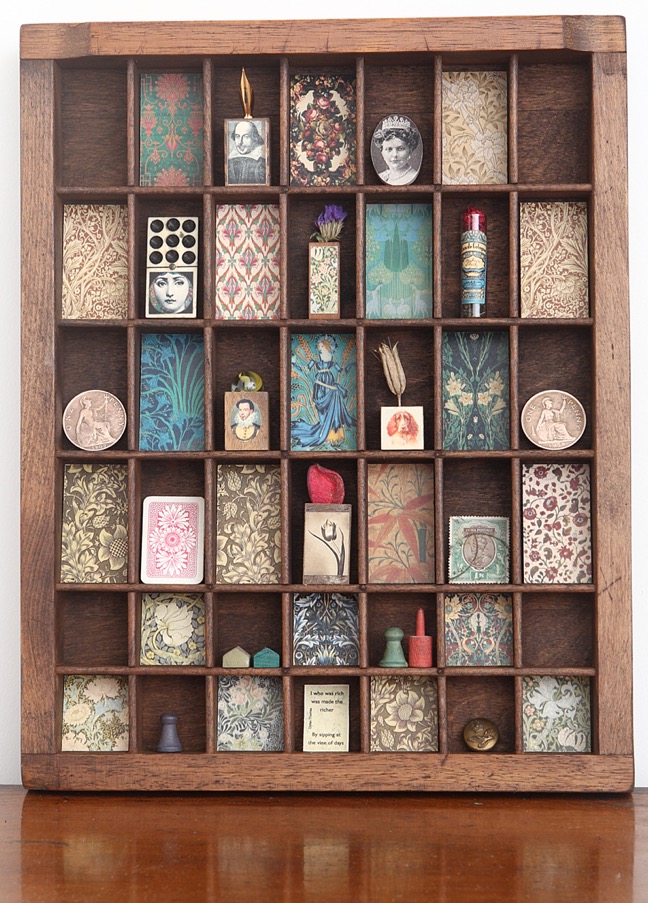 up cycled vintage letterpress printers tray display with decorative prints and curios