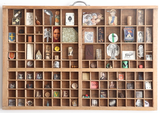 Large Printers Tray Type Case used as a decorative quirky wall art collection of Curios