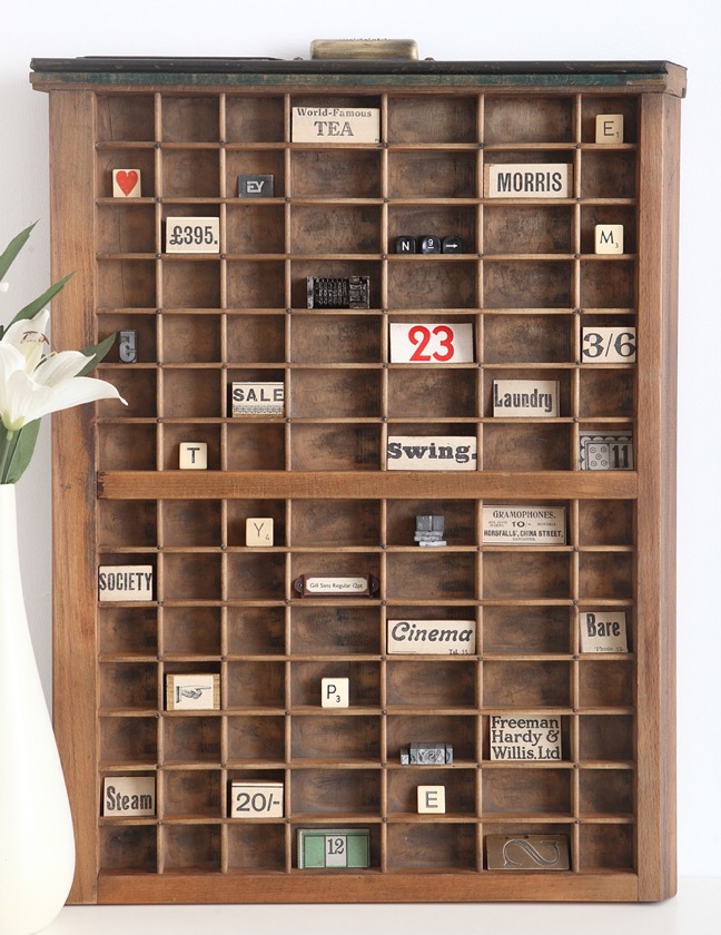 Ludlow printers type case with 1928 newspaper clippings and letterpress items