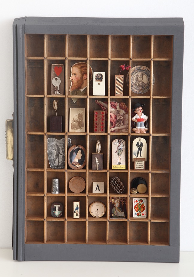 Up cycled printers tray type case drawer used as display for quirky curios