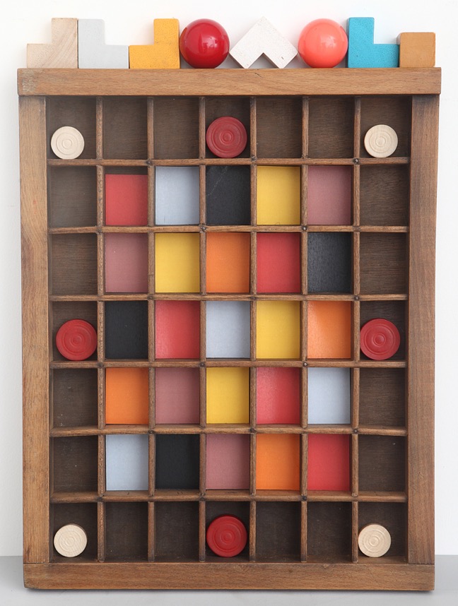 Up cycled lettrepress printers tray with geometric colour pattern theme