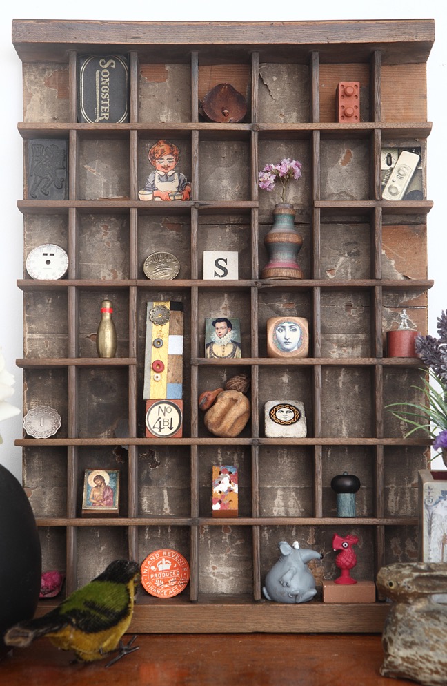 Antique letterpress printers type case drawer re purposed as a display for quirky eclectic curios