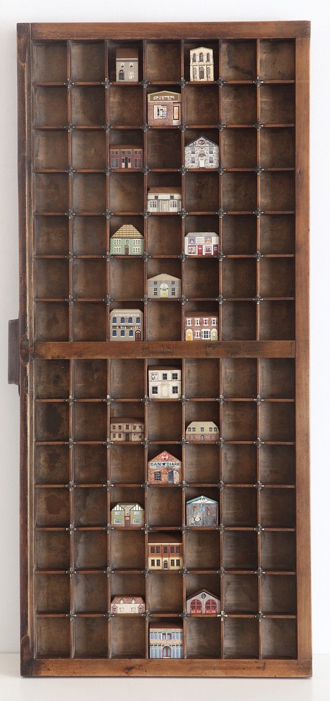 Antique Caslon Letterpress printers type case with little handmade wooden houses & buildings