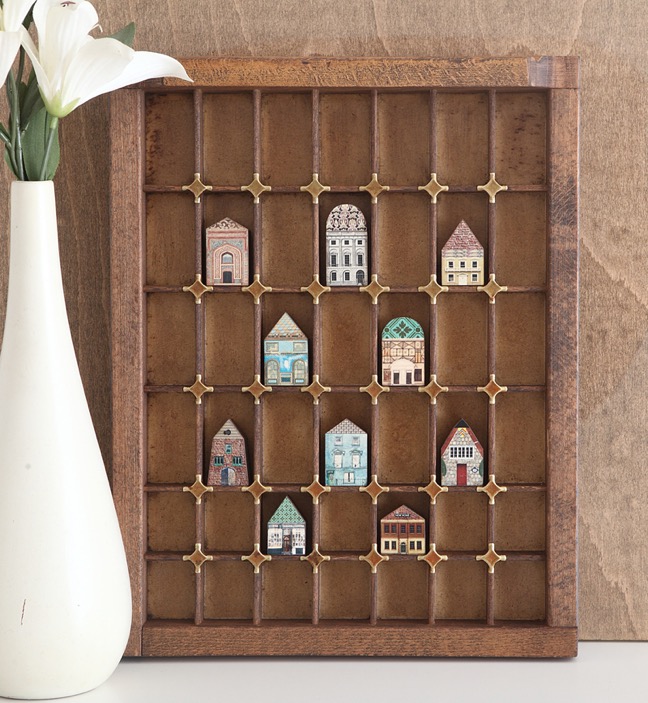 Vintage printers tray re purposed as display for little handmade wooden houses