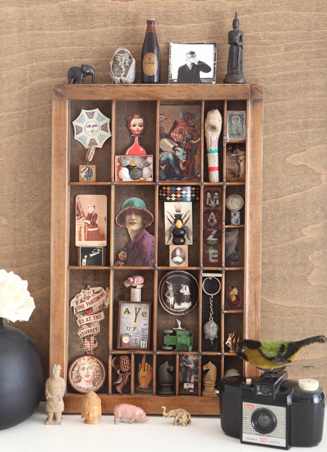 Up Cycled and re purposed Hamilton printers type case drawer used for a quirky display