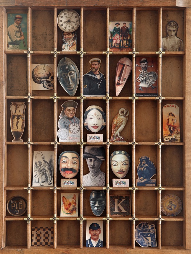 Quirky prints and Balinese ispired miniature masks in old type case