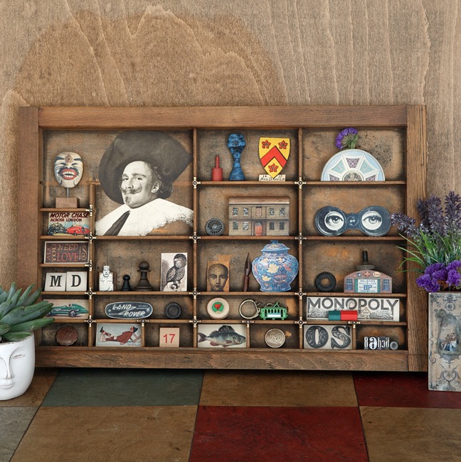 Quirky assemblage of eclectic curios and vintage miniatures in old Hamilton Type Case