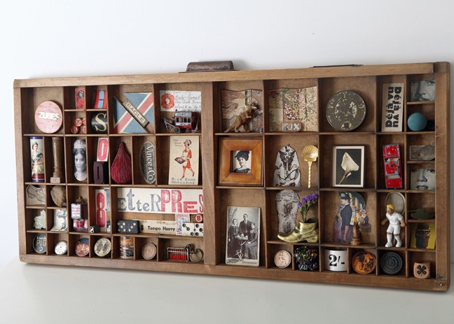 Letterpress?  Wall art display of quirky eclectic vintage items in old letterpress printers type case tray drawer