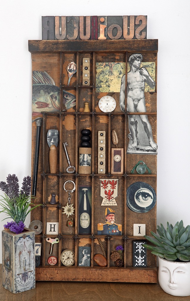 RU Curious?  Wall art display of quirky eclectic vintage items in old letterpress printers type case tray drawer