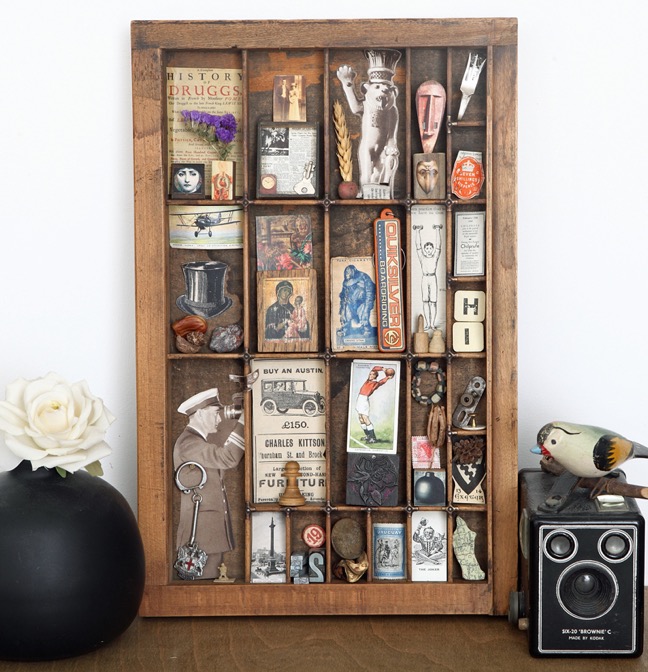 Up Cycled and re purposed Hamilton printers type case drawer used for a quirky display