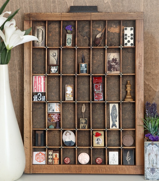 Up Cycled and re purposed Hamilton printers type case drawer used for a quirky display