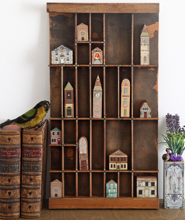 Re purposed vintage Hamilton printers tray used as a display for little quirky handmade houses & buildings