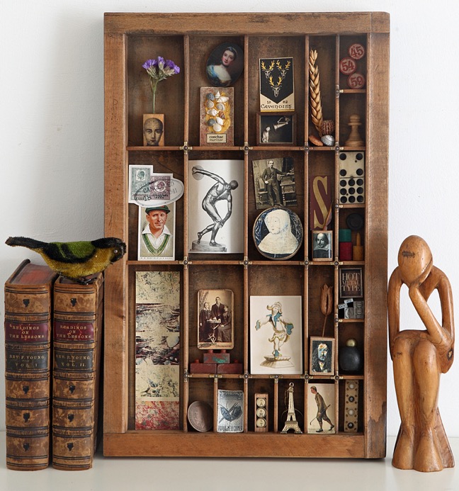 Up Cycled and re purposed Hamilton printers type case drawer used for a quirky display