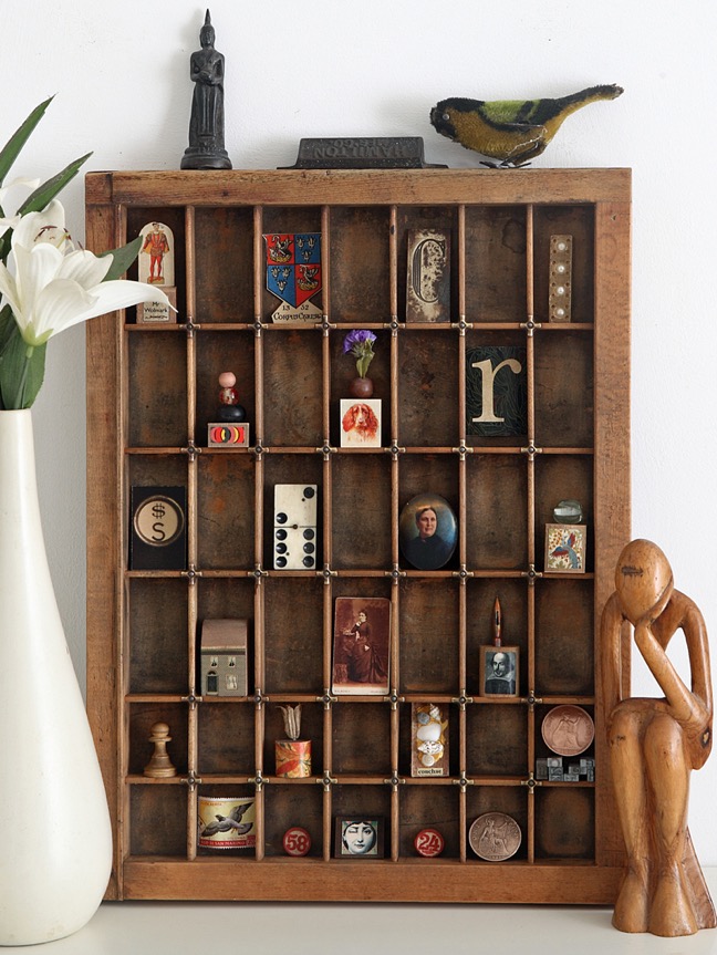 Up Cycled and re purposed Hamilton printers type case drawer used for a quirky display