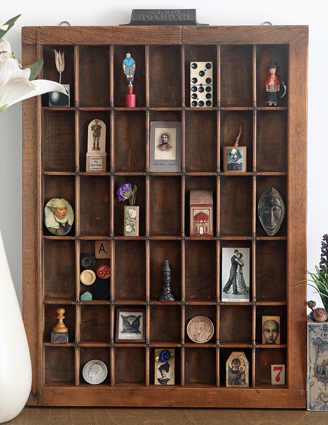 Up Cycled and re purposed Hamilton printers type case drawer used for a quirky display