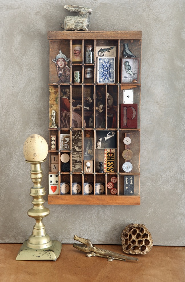 Up Cycled and re purposed Hamilton printers type case drawer used for a quirky display