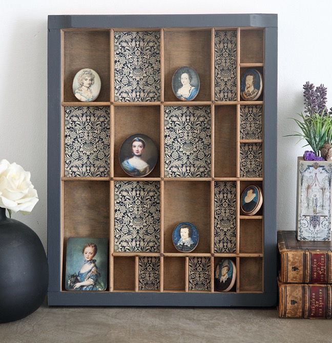 Up cycled and re purposed vintage printers tray with William Morris prints and Oval Wooden Prints