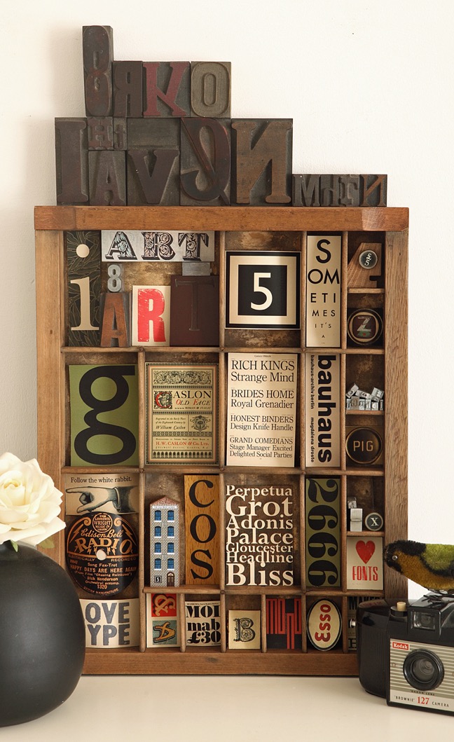Quirky typography themed artwork in a vintage letterpress printers tray type case drawer