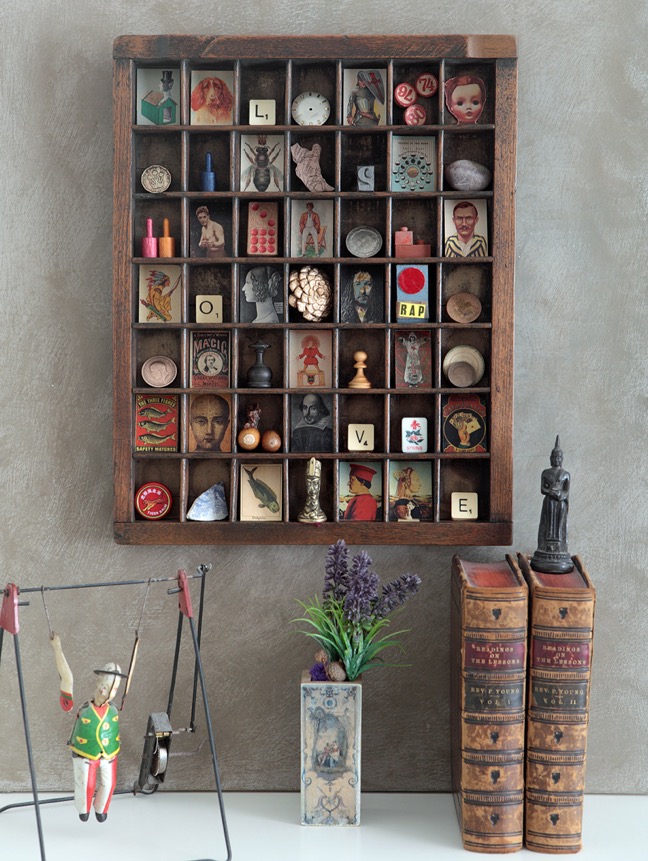 Great quirky cabinet of curios in an antique letterpress printers type case