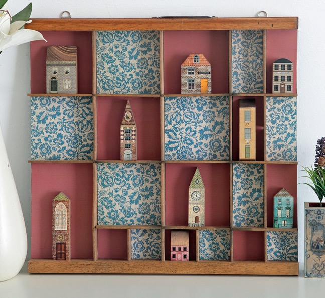 Re purposed vintage printers tray used as a display for little quirky handmade houses & buildings and decorative prints