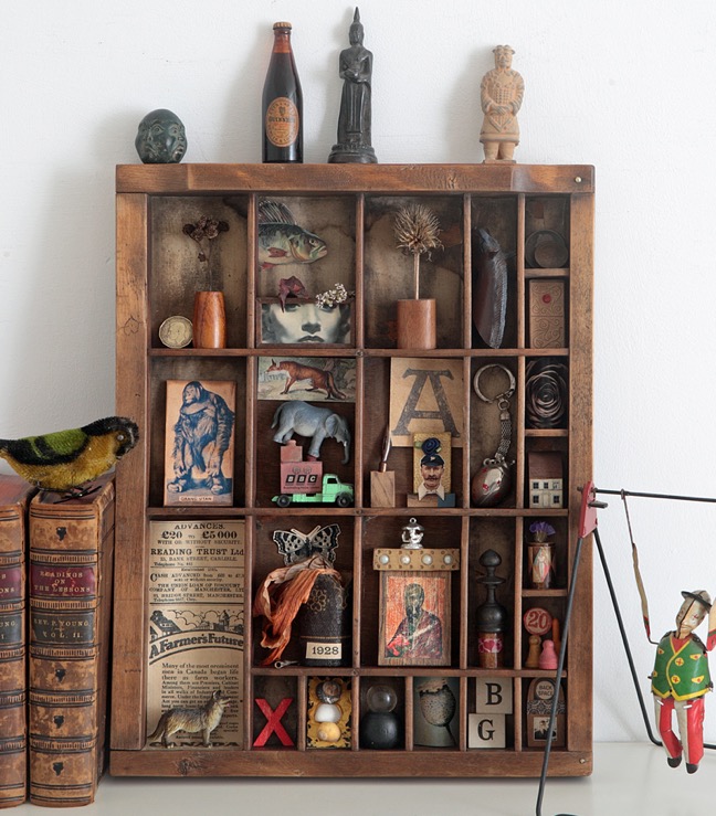 Great quirky cabinet of curios in an antique letterpress printers type case