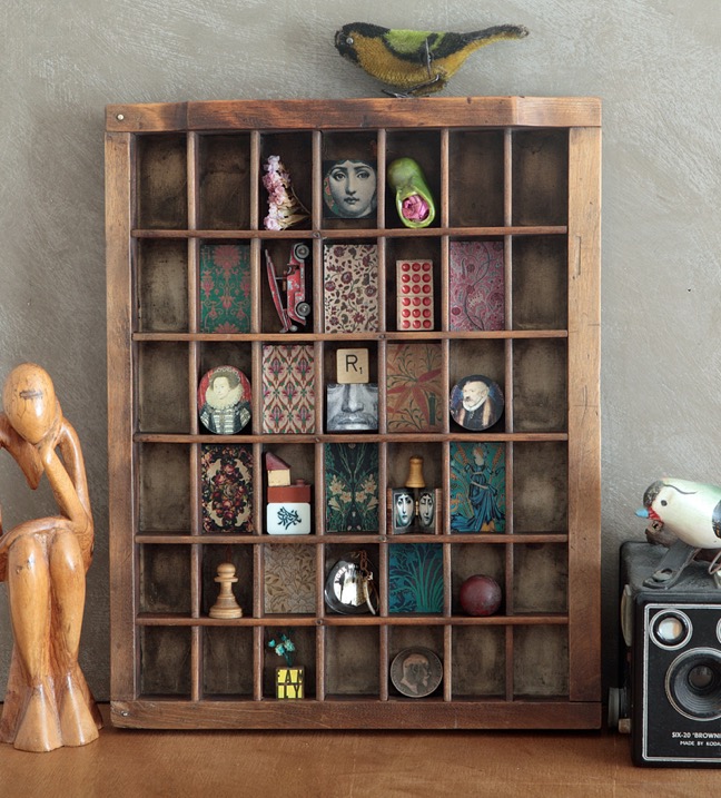 Great quirky cabinet of curios in an antique letterpress printers type case