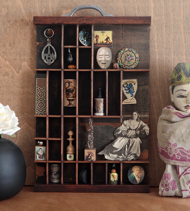Antique Miller & Richard letterpress printers type case drawer tray used as a quirky ecclectic display of vintage items 