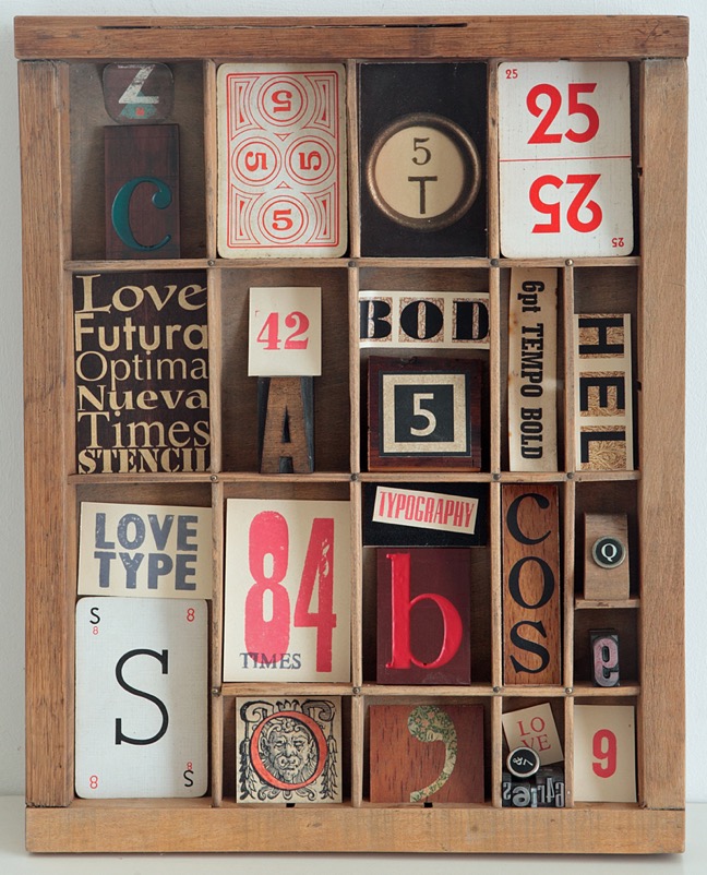 Quirky typography themed artwork in a vintage letterpress printers tray type case drawer