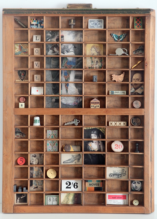 Up Cycled and Re purposed antique Ludlow letterpress printers tray type case drawer used for a collection of little vintage curios