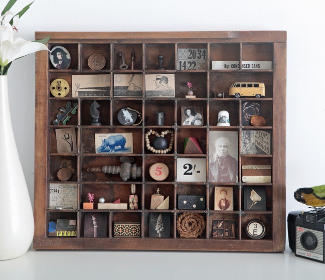 Up Cycled and Re purposed antique printers tray type case drawer used for a collection of little vintage curios