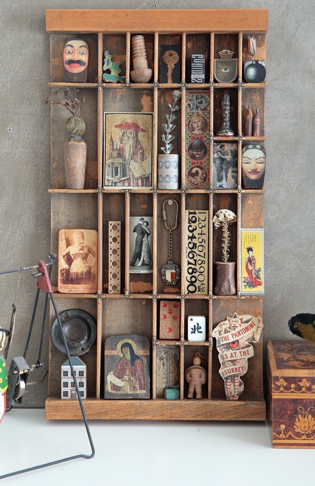 Great quirky cabinet of curios in an vintage letterpress printers type case
