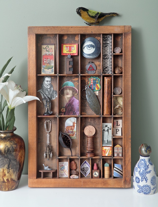 Great quirky cabinet of curios in an vintage letterpress printers type case