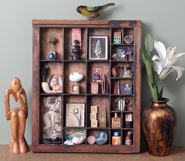 Great quirky cabinet of curios in an vintage letterpress printers type case