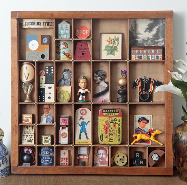 Great quirky cabinet of curios in an vintage letterpress printers type case