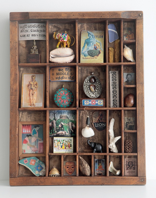 Sri Lankan ￼￼Cabinet of curios and little collectables in an old antique letterpress printers tray type case drawer