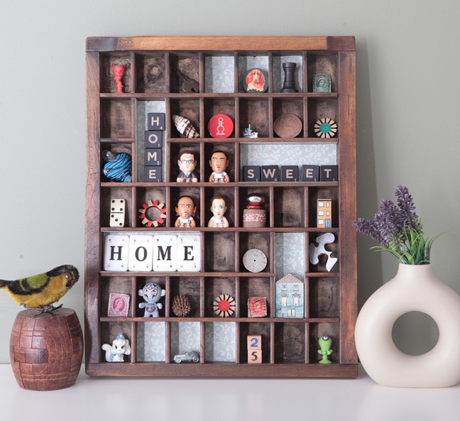 Home Sweet Home assemblage art in old antique letterpress printers tray