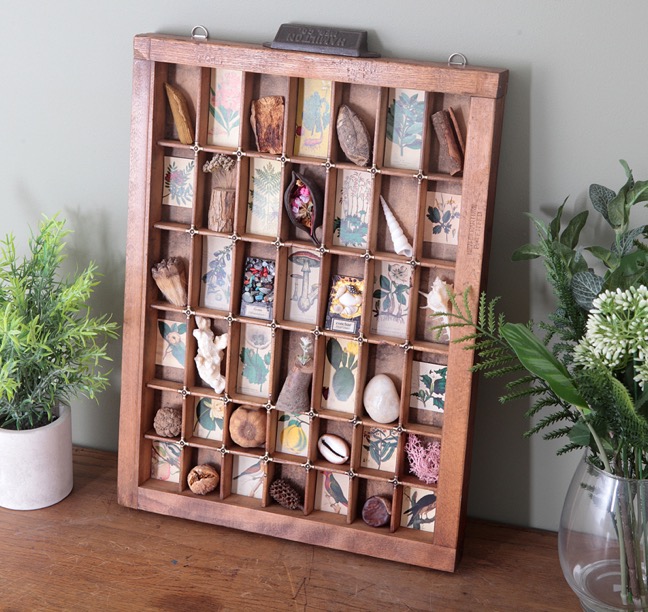 Lovely little collection of vintage floral prints and quirky little found items all displayed in an antique letterpress printers type case drawer