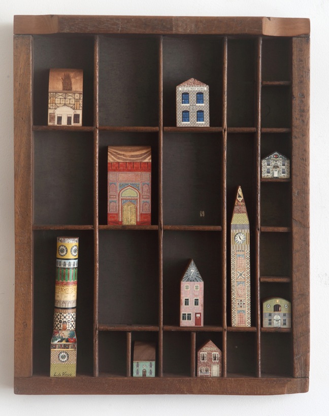 Little Wooden Handmade Houses in Old Letterpress Printers Drawer