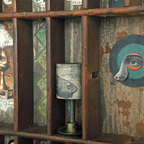 wooden printers tray artwork detail close up curios 