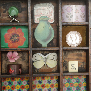 wooden printers tray artwork detail close up curios 