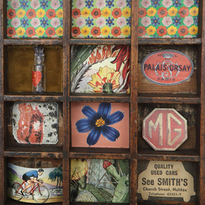 wooden printers tray artwork detail close up curios 