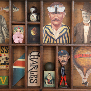 wooden printers tray artwork detail close up curios 