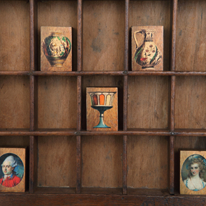 wooden printers tray artwork detail close up curios 