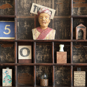 wooden printers tray artwork detail close up curios 